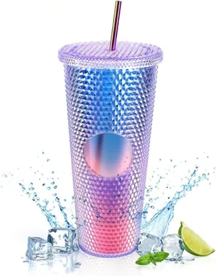 Imagen del producto de Vaso de doble pared con tapa y pajita de acero inoxidable, de 710 ml, de plástico, ideal para viajes