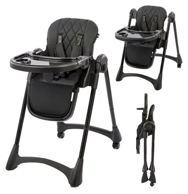 Produktbild von Bebies First Hochstuhl Schwarz – faltbarer Kinderhochstuhl mit verstellbarem Sitz, Rädern und großem Esstablett, platzsparend zu verstauen