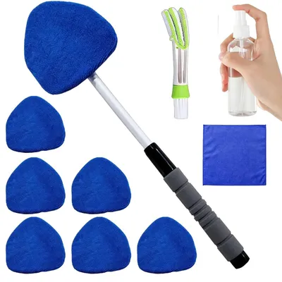 Image de Nettoyeur de fenêtres de voiture avec manche extensible et chiffons en microfibre (Bleu)