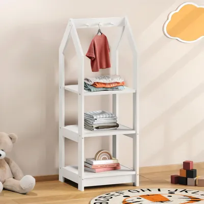 Produktbild von Kinder Regal SALLY Hausform, weiß - Montessori Kinderregal mit 3 Ablageböden, praktische Haken zur Organisation. Regale Kinderzimmer, Kindermöbel, Kindergarderobe