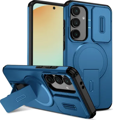 Obrázek produktu pro Magnetické pouzdro pro Samsung Galaxy S24 FE, dvouvrstvé odolné pouzdro s posuvnou ochranou fotoaparátu a nastavitelným stojánkem Modrá