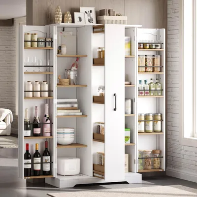 Zdjęcie produktu dla Szafka kuchenna Flieks z półką na przyprawy, szafka dwudrzwiowa z 4-poziomowym wysuwanym systemem, regulowanymi półkami, komoda 78x40x150 cm, biały
