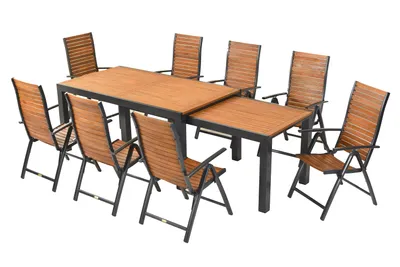 Produktbild von Merxx Gartenmöbel Set Santorin 9tlg., 8 Klappsessel, Flex Ausziehtisch 180/180 x 100/83 cm - Aluminium/Akazie
