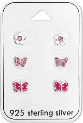 Produktbild von Ohrstecker Set 925 Sterling Silber Schmetterlinge und Blume