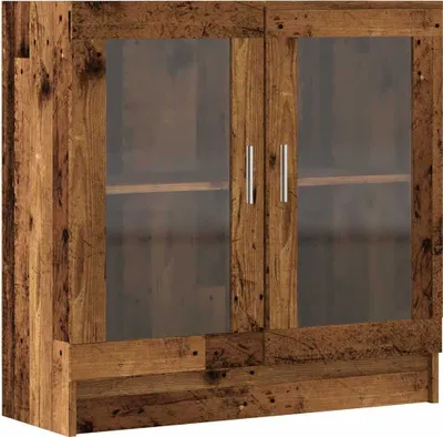 A wooden cabinet with glass doors.