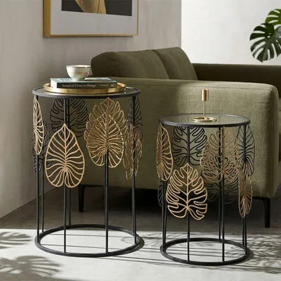 Zdjęcie produktu dla Zestaw 2 okrągłych stolików pomocniczych z czarnego metalu ø 38x55-33x50 cm