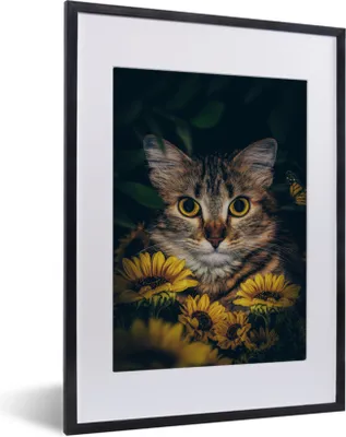 Produktbild von MuchoWow® Gerahmtes Poster Katze - Gelb - Blumen - Botanisch 30x40 cm - Poster mit Schwarzem Bilderrahmen Wandposter Rahmen Foto Bilder - Wandposter Schlafzimmer