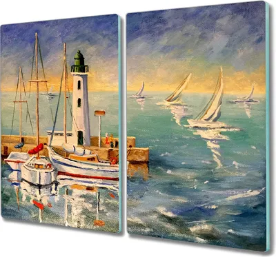 Produktbild von Coloray Hackbrett Küchenbrett Kochplattenabdeckung Schneidebrett Herdabdeckplatte 2x30x52 cm - Schiffe Harbor Leuchtturm