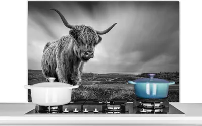 Produktbild von KitchenYeah®  Spritzschutz Küche - Küchenrückwand - Wandschutz für Herd und Spüle - Kühe - Schottische Hochlandkühe - Natur - Tiere - Schwarz und weiß 100x65 - Alu-Dibond (Alternative zum Spritzschutz