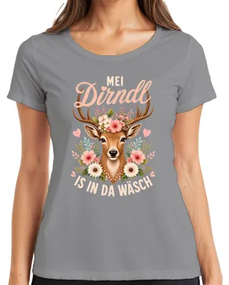 Produktbild von Mei Dirndl is in da Wäsch Reh Kitz Blumen Tracht Lederhose Alpen Damen T-Shirt, Grau, M