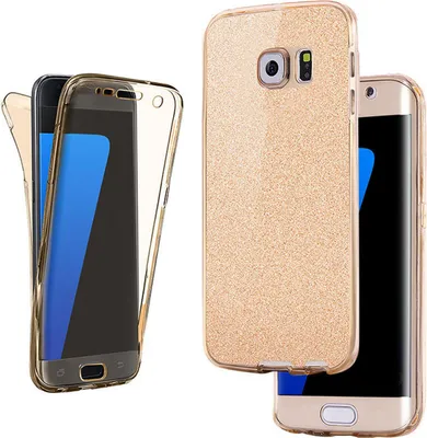 Two Samsung Galaxy S7 phones with gold glitter cases are displayed against a white background. One phone is shown from the back with its case, and another is shown from the side with its case partially removed.