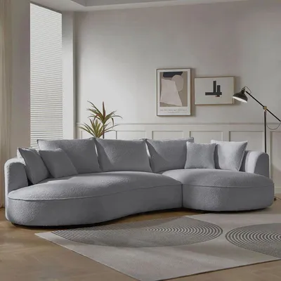 Produktbild von Hanah Home, Ecksofa Grau, 317 x 163,5 x 71 cm | 70% HORNBEAM, 30% melaminbeschichtete Spanplatte | 100% Polyester (Boucle) | 7 Kissen, leicht zu reinigen, tragbares Rückenkissen, 240 kg Tragfähigkeit.