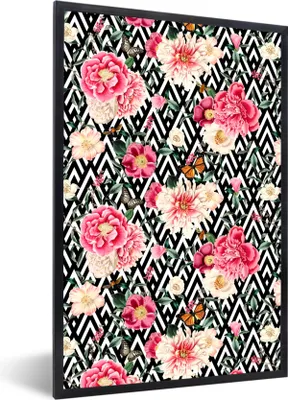 Produktbild von MuchoWow® MuchoWow® Gerahmtes Poster Blumen - Rosa - Schmetterling 40x60 cm - Poster mit zchwarzem Bilderrahmen - Papierdruck - Wandbilder