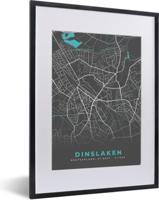 Produktbild von MuchoWow® Gerahmtes Poster Karte - Stadtplan - Dinslaken - Deutschland - Blau 30x40 cm - Poster mit Schwarzem Bilderrahmen Wandposter Rahmen Foto Bilder - Wandposter Schlafzimmer