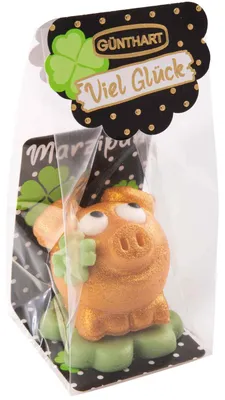 Produktbild von 1 Stück Marzipan-Schweinchen gold auf Kleeblatt im Cellophanbeutel