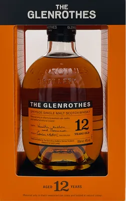A bottle of Glenrothes 12 Year Old Speyside Single Malt Scotch Whisky in its gift packaging.