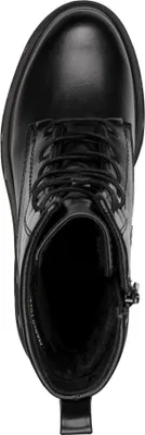 A top-down view of a black boot.