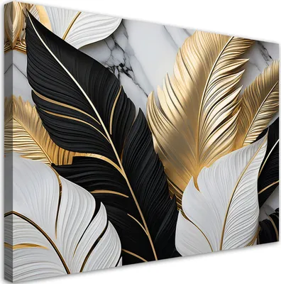 Produktbild von Leinwandbild Goldene, schwarze und weiße Blätter auf einem Marmorhintergrund 90x60 Feeby Weiß bild für die wand bereit zum aufhängen