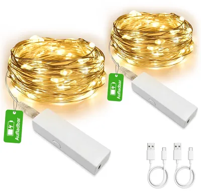 LED-Lichterkette 5 m, 50 warmweiße LEDs, USB-C, Timer, 2 Stück