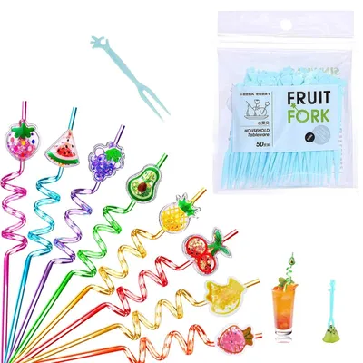 Productafbeelding van Rietjes met fruitmotief - Herbruikbaar - Set van 8 stuks met 50 fruitvorkjes - Blauw, 27 cm