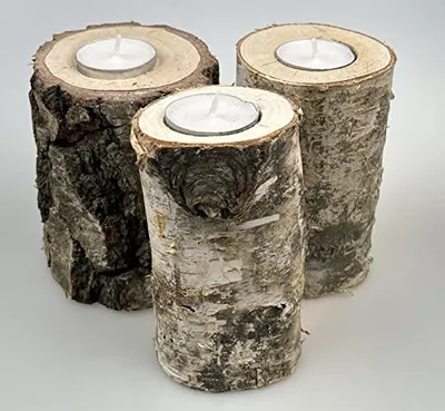 Produktbild von Teelichthalter aus Birken-Holz | 3er Set Kerzenhalter | Holz-Deko Windlicht | Tisch-Deko Teelicht | Teelichthalter Holz | Natürliche Baumstumpf