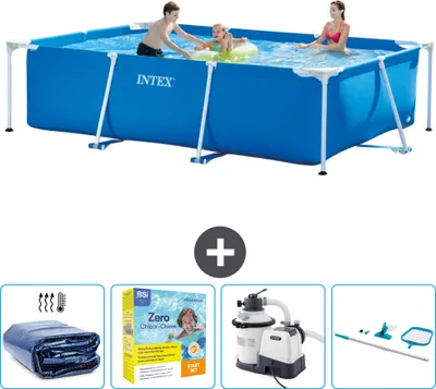 Produktbild von Intex-Schwimmbecken mit rechteckigem Rahmen – 300 x 200 x 75 cm – Blau – im Lieferumfang enthalten Sonnensegel - Wartungspaket - Filterpumpe für Schwimmbad - Reinigungskit