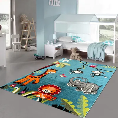 Image de tapis 3D pour enfants avec animaux de zoo en bleu Taille - 120 x 170 cm