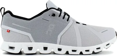 A side view of a gray and white ON Cloud 5 waterproof running shoe against a white background.