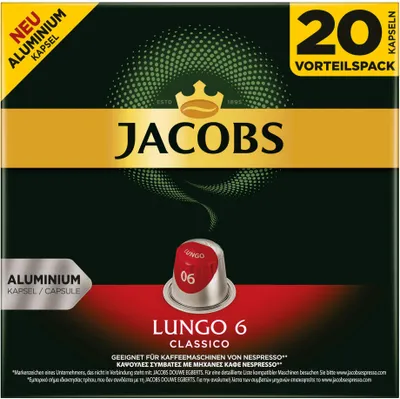 Obrázek produktu pro Jacobs Lungo 6 Classico, Kávové kapsle, Kompatibilní s Nespresso, Káva, 200 kapslí, á 5,2 g