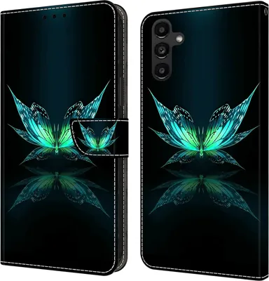 Produktbild von CLM-Tech Hülle kompatibel mit Samsung Galaxy A14 5G - Tasche aus Kunstleder - Klapphülle mit Ständer und Kartenfächern, schwarz türkiser Schmetterling