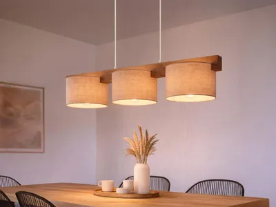 Produktbild von Holzbalken Pendelleuchte 3 flammig mit Stoffschirmen Esstischlampe skandinavisch