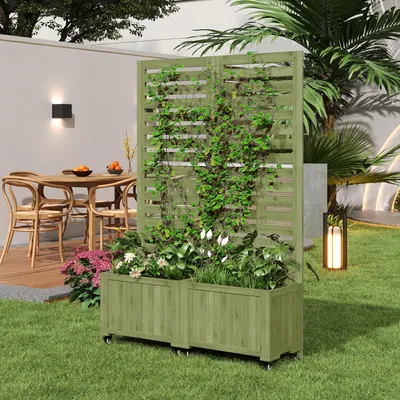 Produktbild von Merax Pflanzkübel mit Spalier und Rollen, Blumenkasten aus Massivholz, Outdoor Pflanzgefäß mit Kletterhilfe für Garten, Hof und Terrass, Grün
