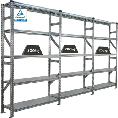 Produktbild von Fachbodenregal PROXIMO mit  Stecksystem | Komplettregal | HxBxT 200x360x32cm | 5 Ebenen | Fachlast 200 kg | Beidseitig nutzbar | Verzinkt