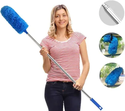 Imagen del producto de Escoba de polvo extensible con varilla telescópica, de color azul, para limpiar superficies elevadas