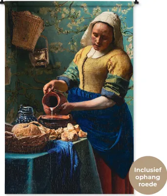 Produktbild von MuchoWow® Wandteppich Wandbehang Milchmädchen - Mandelblüte - Van Gogh - Vermeer - Gemälde - Alte Meister 120x180 cm Tapisserie Dekoration Wandtuch - Schlafzimmer - Dekorationen für das Haus