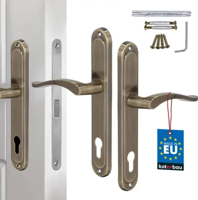A set of door handles and related hardware, including screws and an Allen key, displayed against a white background.