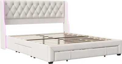 Produktbild von Gepolstertes Doppelbett 160 x 200 cm mit 3 Schubladen, LED-Beleuchtung, Bettgestell, Samtbezug, beige