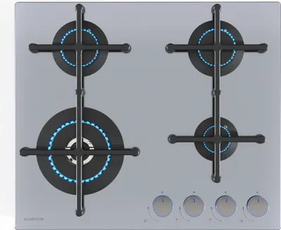 A top-down view of a four-burner gas stovetop with blue flames on two of the burners.