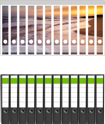 Produktbild von Wallario 12 Stück schmale Ordner inkl. Klebeetiketten mit Motive Sonnenuntergang am Strand - Abendspaziergang -  Set mit Rückenschildern / Ordnerrücken Stickern