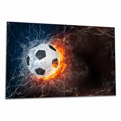 Produktbild von Wallario Herdabdeckplatte aus Glas, Größe 80 x 52 cm 2-teilig, Motiv Fußball - Feuer und Wasser
