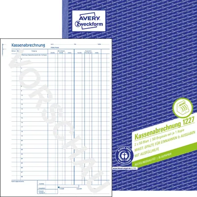Obrázok produktu pre Avery Zweckform® 1227 1227 Pokladničný výkaz - stĺpec DPH, A4, recyklovaný, modrý papier, 2x 50 listov