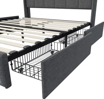 Immagine prodotto di CDGlobal letto imbottito 140x200, letto matrimoniale a LED con funzione di ricarica USB di tipo C e 4 cassetti, letto giovanile letto contenitore letto funzionale letto spalliera con rete a doghe in legno, lino, grigio