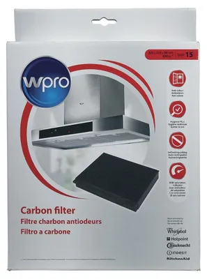 The image shows the retail packaging of a Wpro carbon filter for a cooker hood. The packaging displays an image of the filter and a cooker hood, along with product information and brand logos.