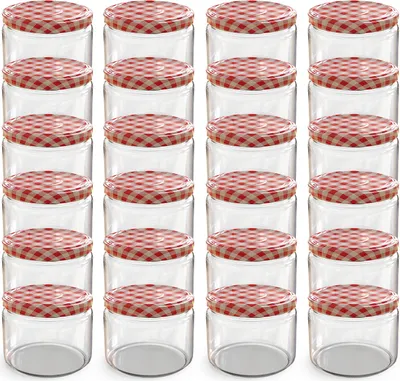Produktbild von Oputec 24x 282 ml Einmachgläser mit Schraubdeckel rotkariert – Perfekt für Konfitüren, als Vorratsgläser mit Deckel Marmeladengläser und Schraubgläser