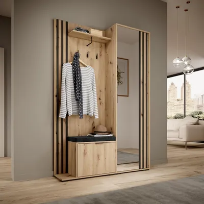 Produktbild von Garderobenset Flur mit Kleiderschrank und Spiegel ELIA Flurgarderobe mit Spiegel und Schuhschrank Garderoben-Set mit Kleiderhaken, Farbe: Artisan-Eiche mit Sitzkissen
