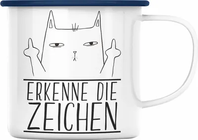Produktbild von Trendation - Erkenne Die Zeichen Katze Mittlerer Finger Geschenk Katzenliebhaber Emaille Tasse Geschenkidee (Blau)