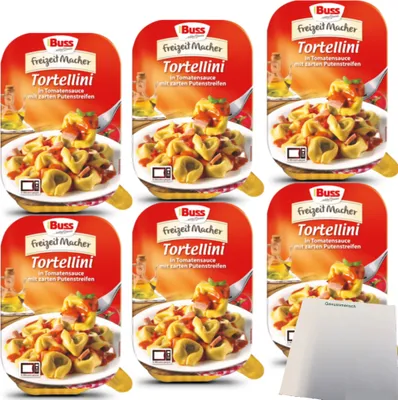 Produktbild von Buss Tortellini in Tomatensauce mit zarten Putenstreifen 6er Pack (6x300g Packung) + usy Block