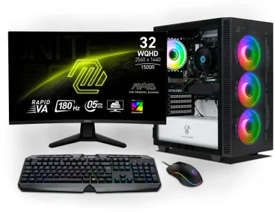 Immagine prodotto di Starter Gaming Bundle | AMD Ryzen 7 5700X | Nvidia GeForce RTX 5060 Ti 8GB | 16GB RAM | 1TB NVMe SSD | Windows 11 | WiFi | MSI MAG 32" Curved WQHD Gaming Monitor 180Hz | Tastiera tedesca RGB di MSI | MSI Forge Mouse | Libre Office