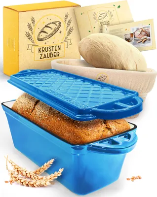 Produktbild von KRUSTENZAUBER Emaille Brotbackfrom mit Deckel inkl. Gärkorb - Robuste 28cm Backform aus Gusseisen - Ideal als Kastenform, Toastbrot Backform, Brotform