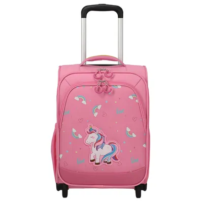 A pink children's suitcase with a unicorn and rainbow design.